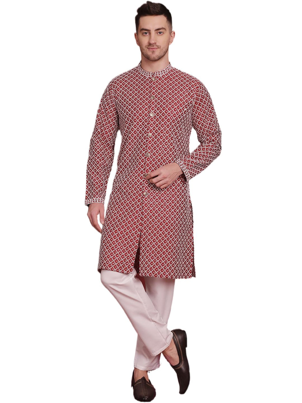 Jompers Mens Sequin Chikankari Front Open Kurta Pyjama Set