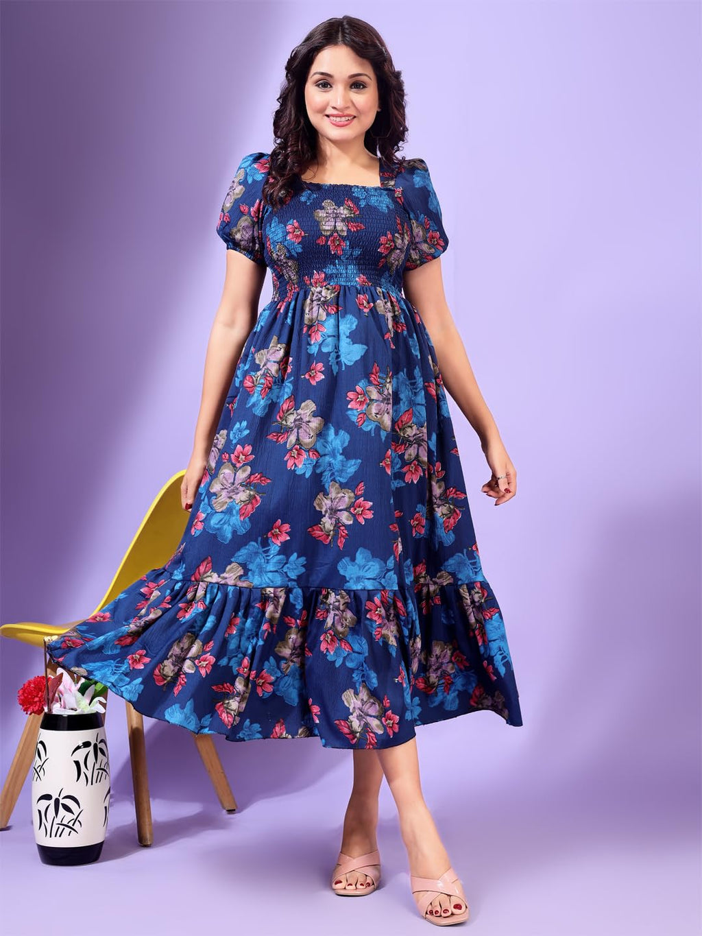 Kuduzo WomenS Cotton Maxi Dress With Half Puff Sleeves Square Neck Line Floral Pattern Maxi Length Regular Fit And Flare Blue