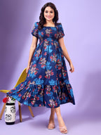 Kuduzo WomenS Cotton Maxi Dress With Half Puff Sleeves Square Neck Line Floral Pattern Maxi Length Regular Fit And Flare Blue