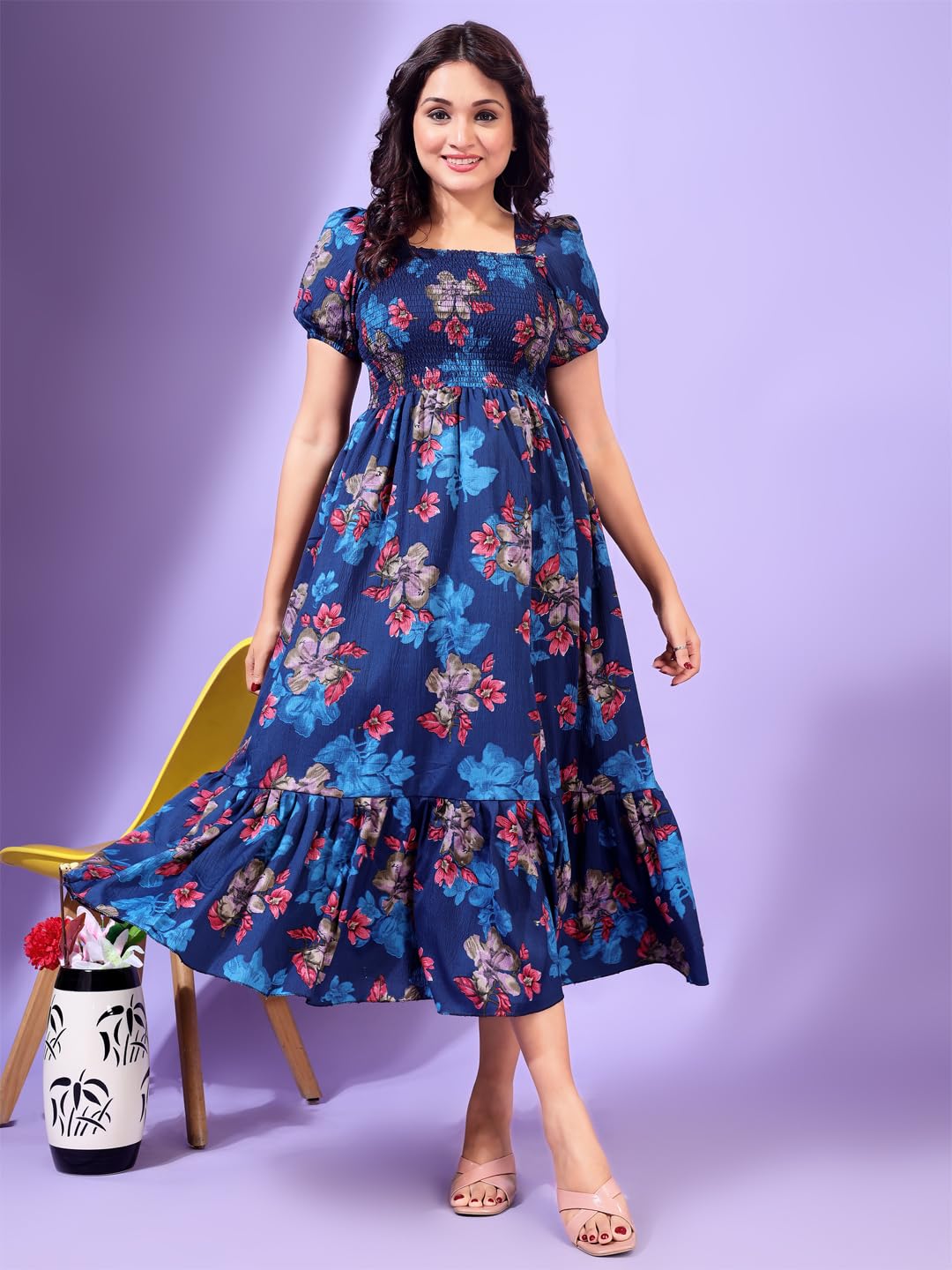Kuduzo WomenS Cotton Maxi Dress With Half Puff Sleeves Square Neck Line Floral Pattern Maxi Length Regular Fit And Flare Blue