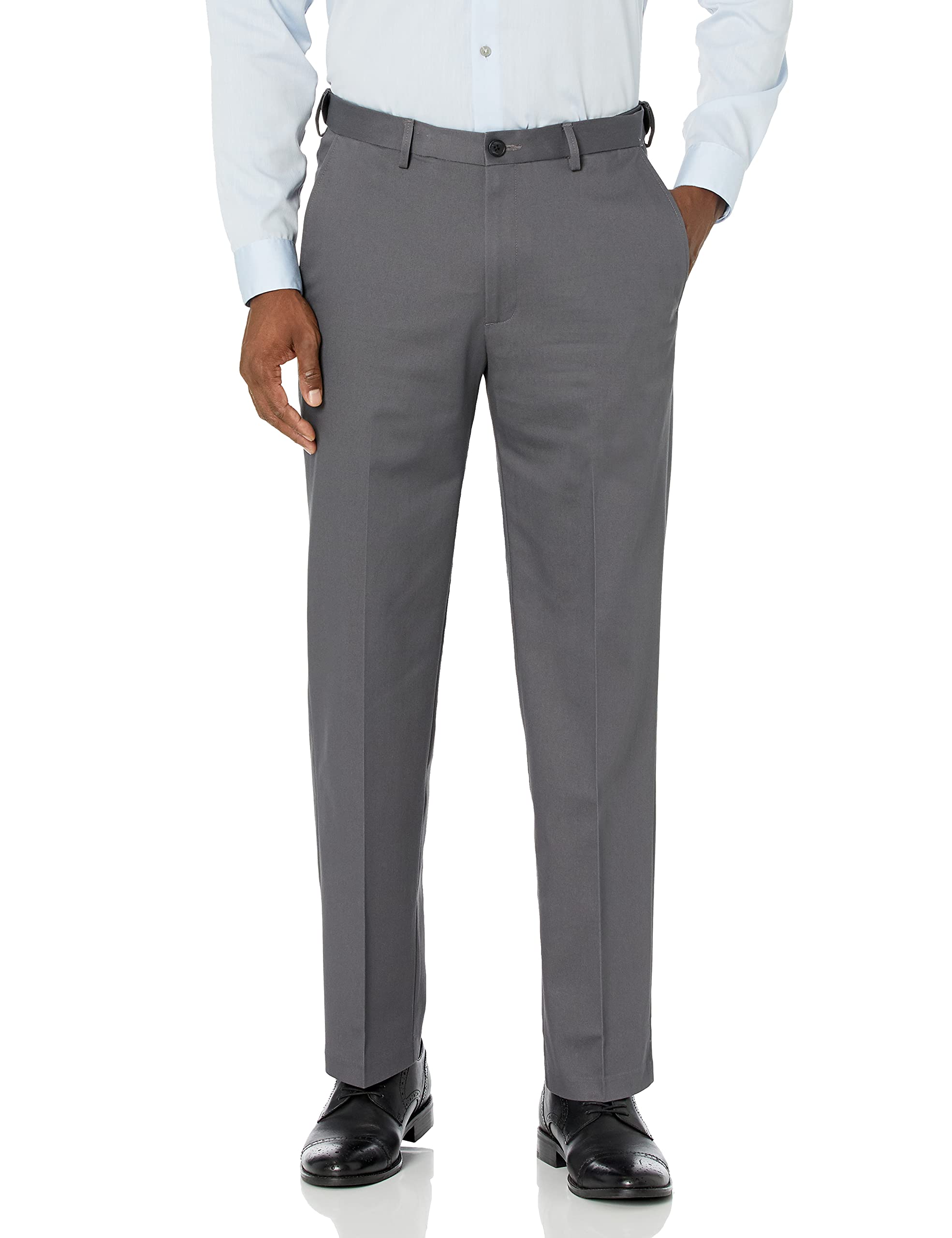 Haggar Mens classic Fit Flat-Front Hidden Expandable Waistband Premium No Iron Khaki, 38W x 29L - Dark grey