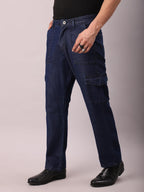 AVANOVA Dark Blue Bell-Bottom Men Cargo Jeans II Men Cargo Pants II Denim Cargo for Men II Cotton Pant II Wide Legs II Flap Pock