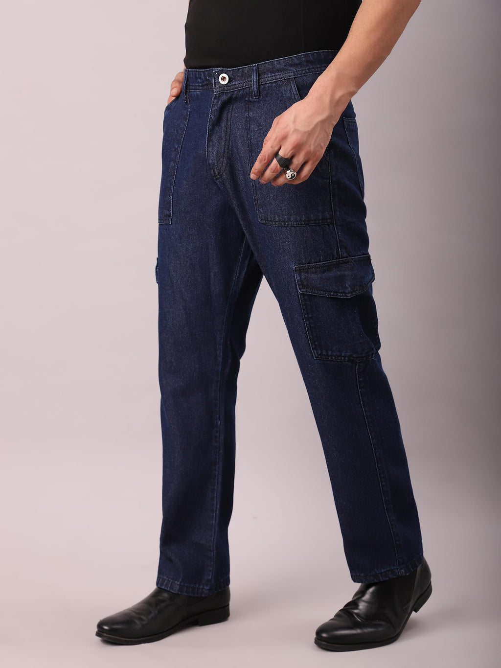 AVANOVA Regular Mens Mid Rise Taper Skinny Fit Jeans (Wide Legs Denim Cargo Pant for Dark Blue
