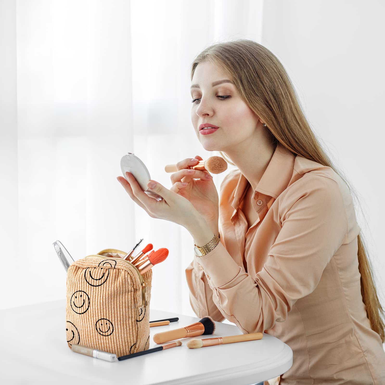 3 Pcs Corduroy Cosmetic Bag Smile Face Aesthetic Preppy Makeup Bag Corduroy Toiletry Aesthetic Pouch Travel Smile Bags for Women