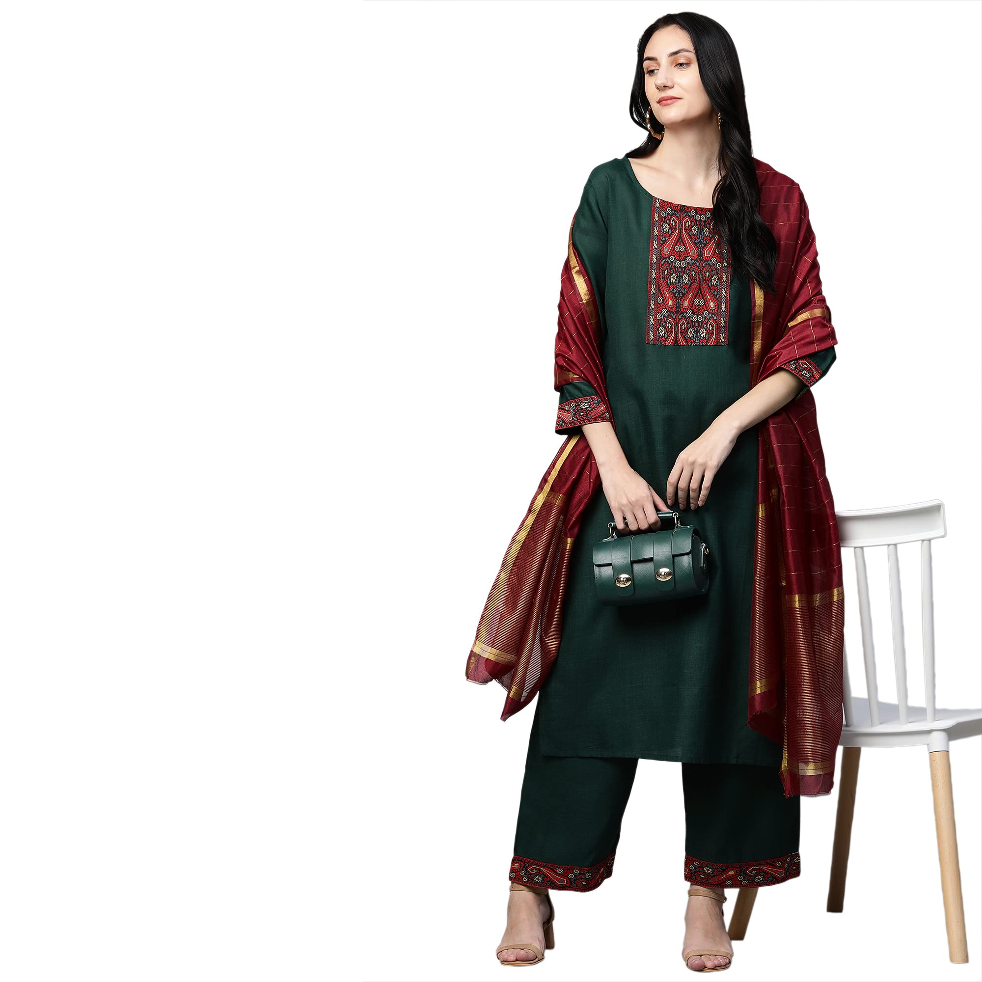 ANNI DESIGNER Womens Cotton Straight Kurta with Palazzo & Dupatta (Morning Green_L_Green_Large)