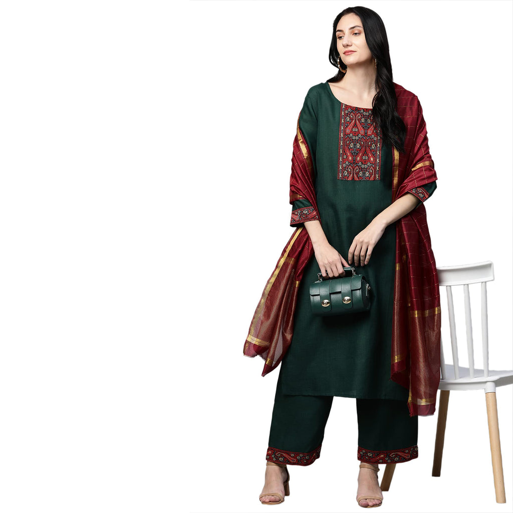 ANNI DESIGNER Womens Cotton Straight Kurta with Palazzo & Dupatta (Morning Green_XL_Green_X-Large)
