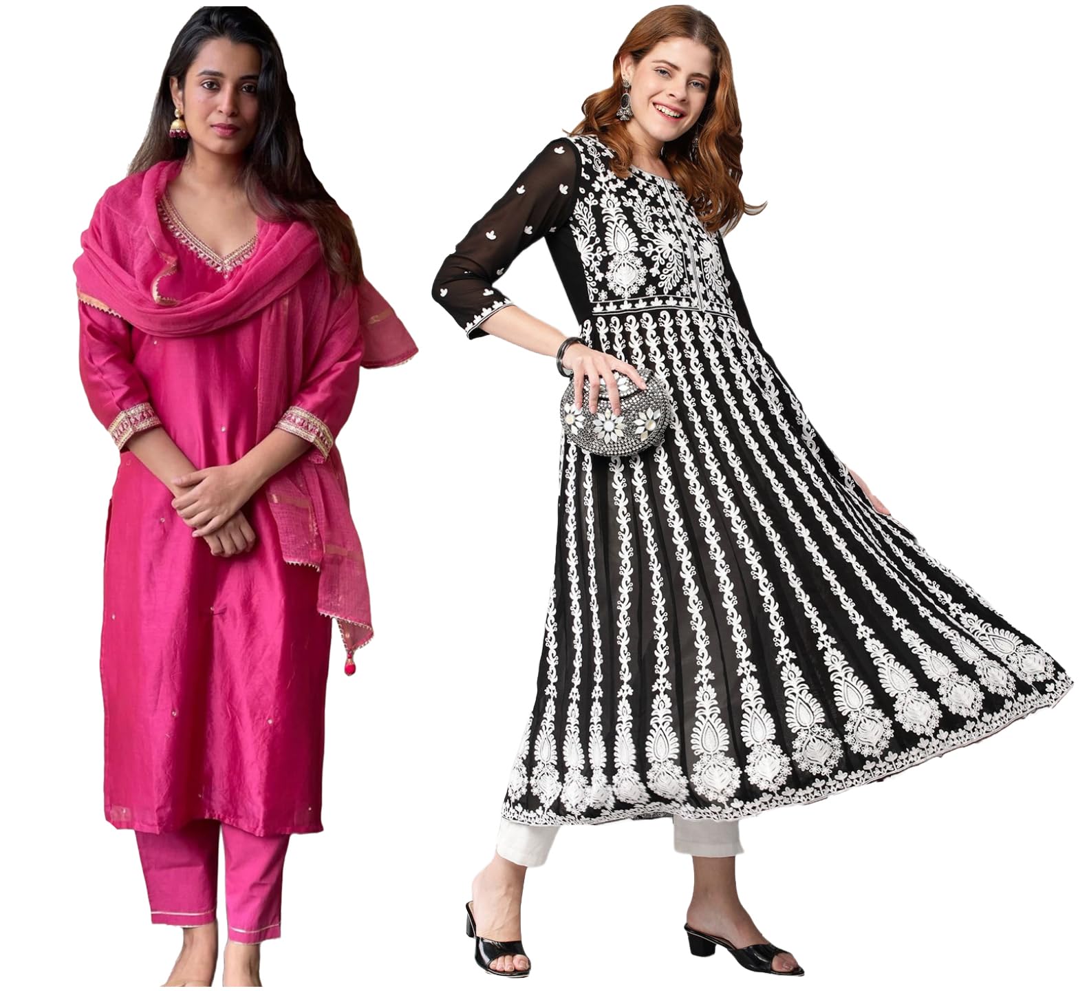 Anni Designer WomenS Embroidered Kurti & Kurti Pant Dupatta Set Combo Pack Of 2 (Baghicha Rani & Kari Black_L_Multi_Large)