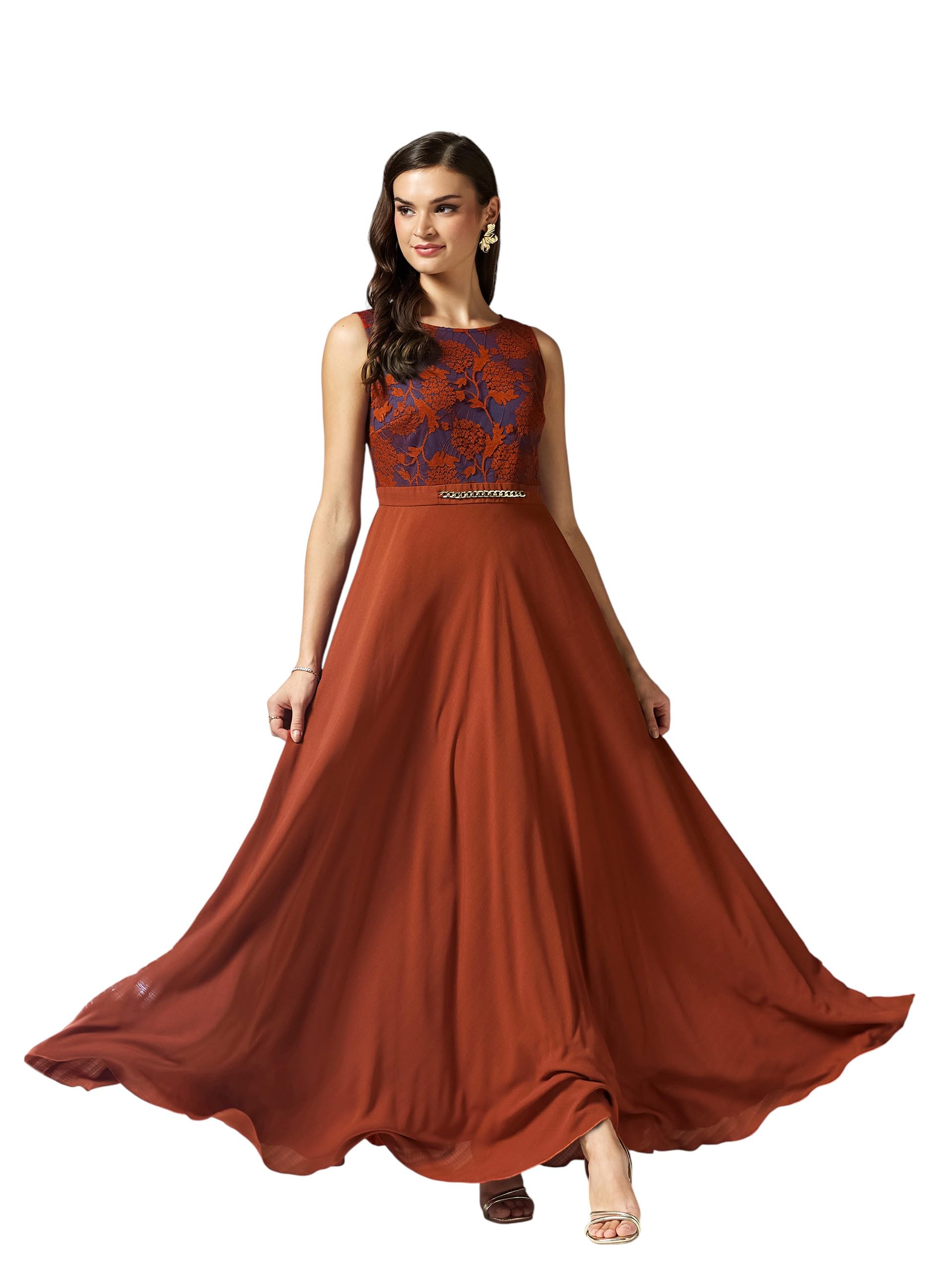 Miss Chase WomenS Boat Neck Sleeveless Self Design Fit & Flare Maxi Crepe Dress (Mcss25D16-88-250-06, Light Burgundy, Xl)