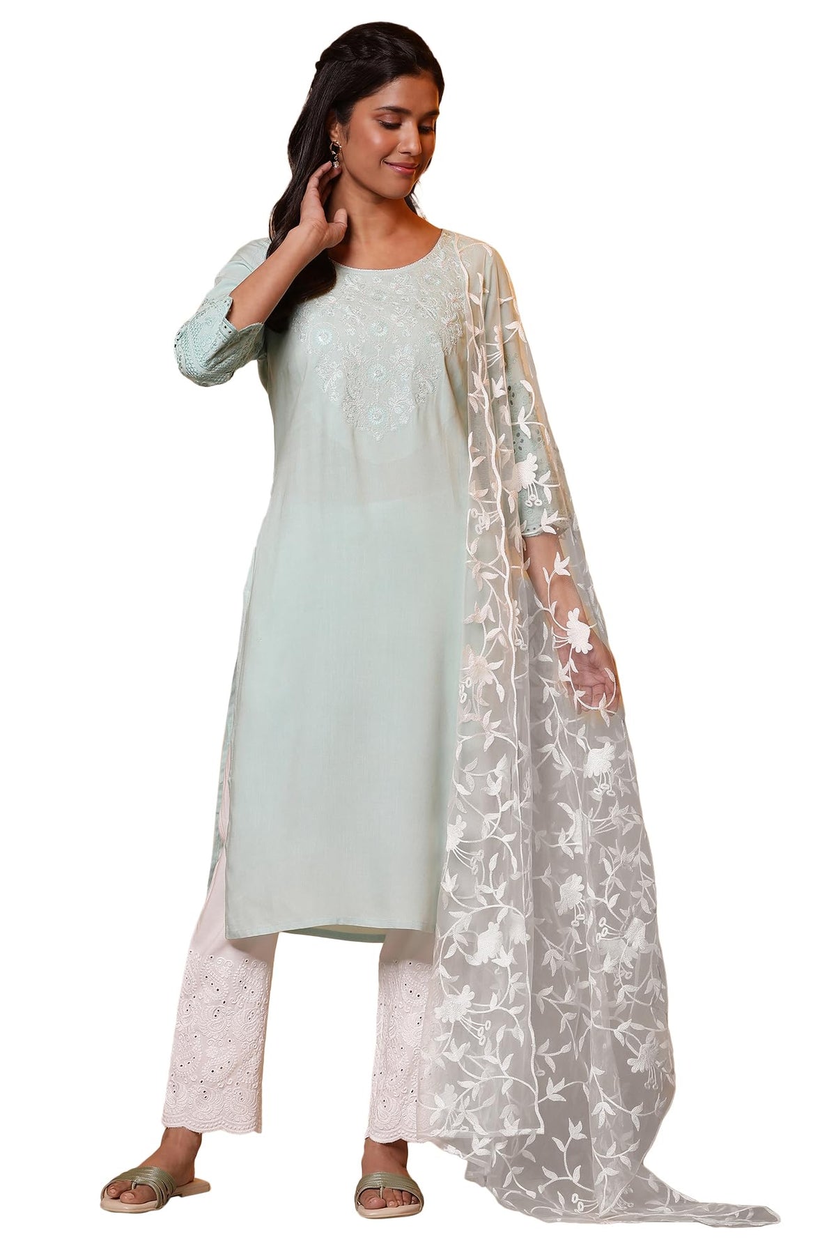 Aurelia Women Polyester Floral Print Dupatta, White, Free Size