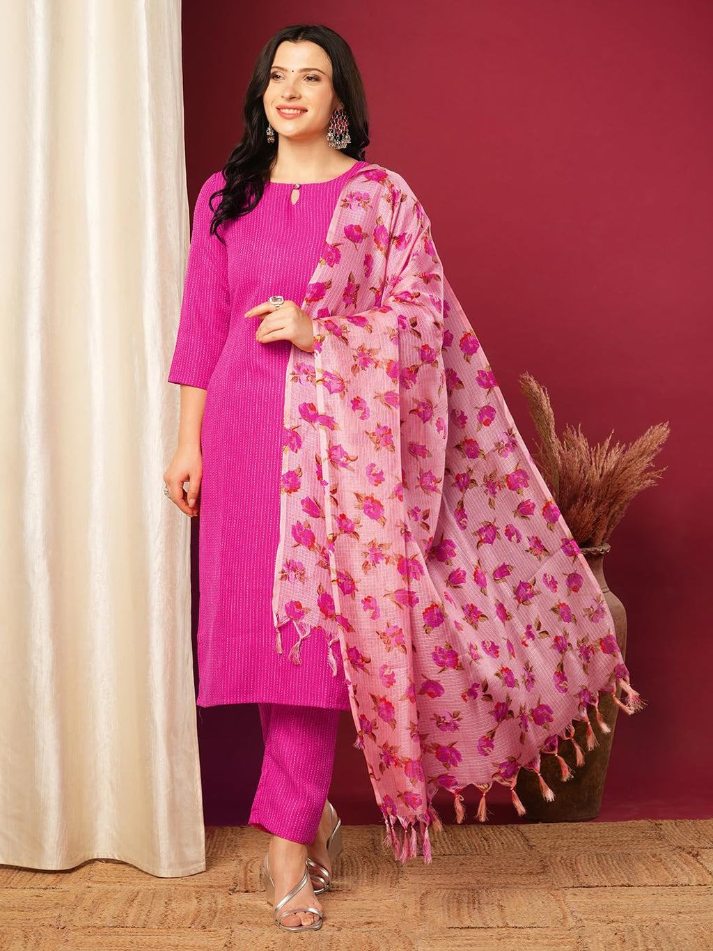 ANNI DESIGNER Ladies Viscose Rayon Kurta with Trousers and Dupatta, pink, S