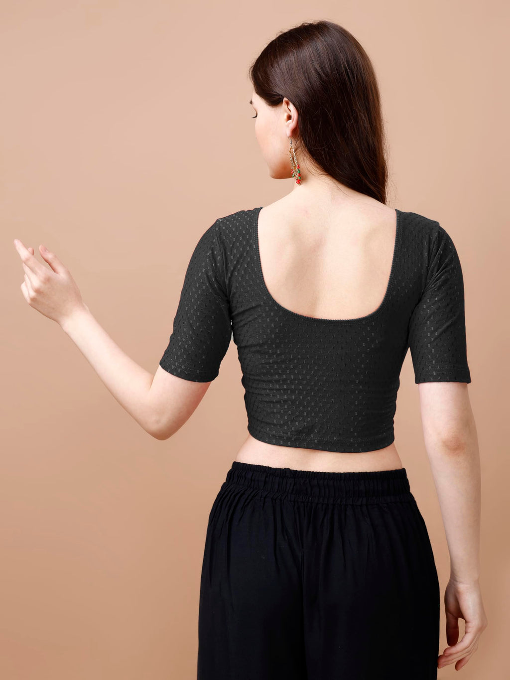Pujia Mills WomenS Readymade Dobby Cotton Lycra Stretchable Round Neck Half Sleeve Blouse Fancy Black Color Lycra Stretchable B