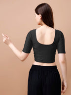 Pujia Mills WomenS Readymade Dobby Cotton Lycra Stretchable Round Neck Half Sleeve Blouse Fancy Black Color Lycra Stretchable B