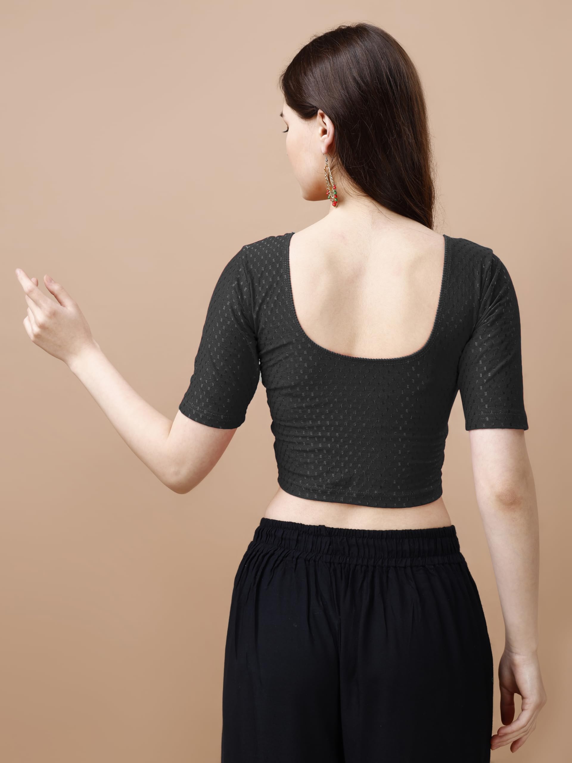 Pujia Mills WomenS Readymade Dobby Cotton Lycra Stretchable Round Neck Half Sleeve Blouse Fancy Black Color Lycra Stretchable B