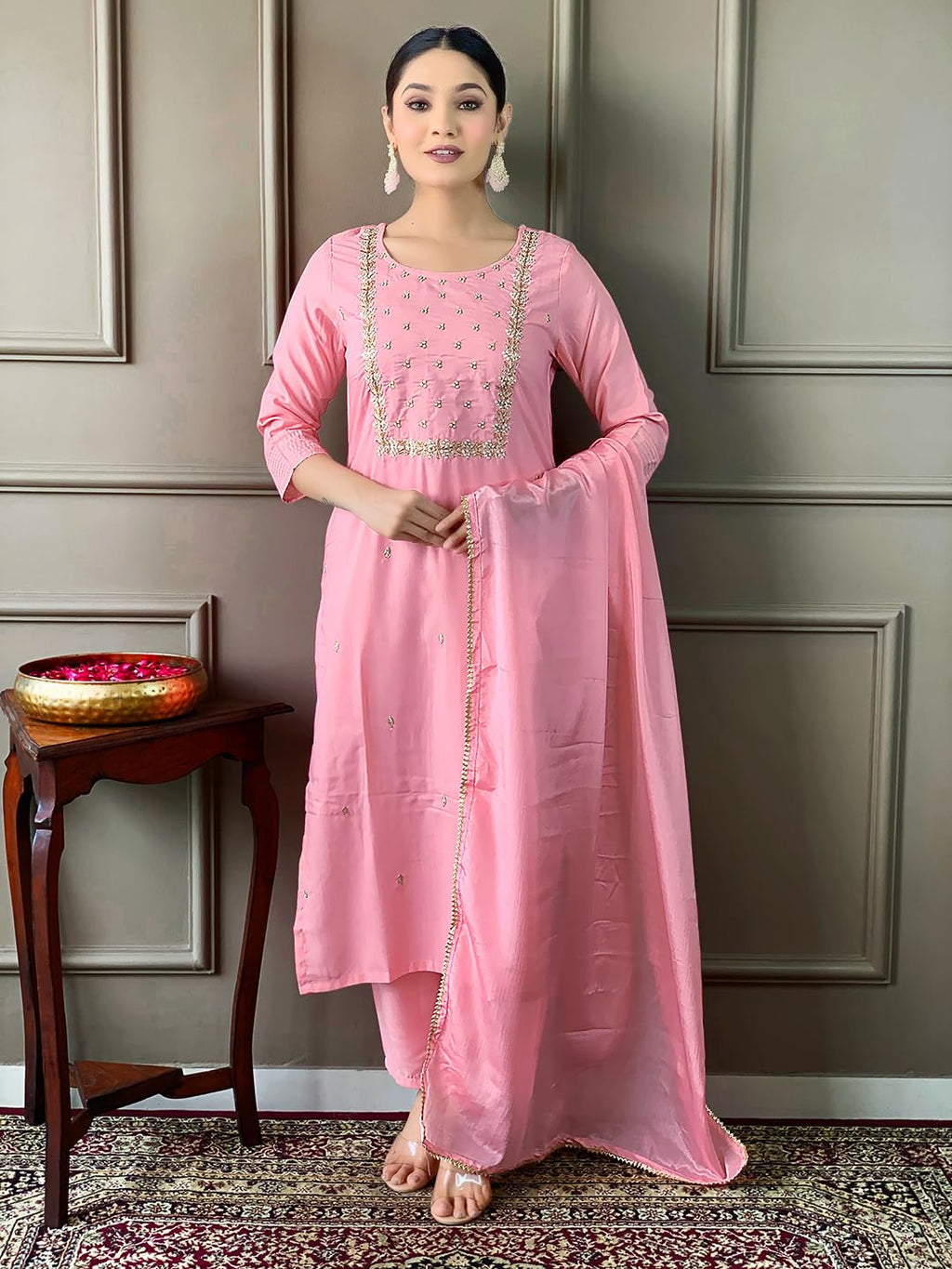 Naixa Womens Viscose Embroidered Straight Kurta with Viscose Pant and Silk Blend Printed Dupatta Sets