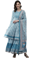 Ishin Women'S Pure Cotton Blue Embroidered Anarkali Kurta Suit Set With Dupatta & Sharara Kpldyt-20047_S_Blue