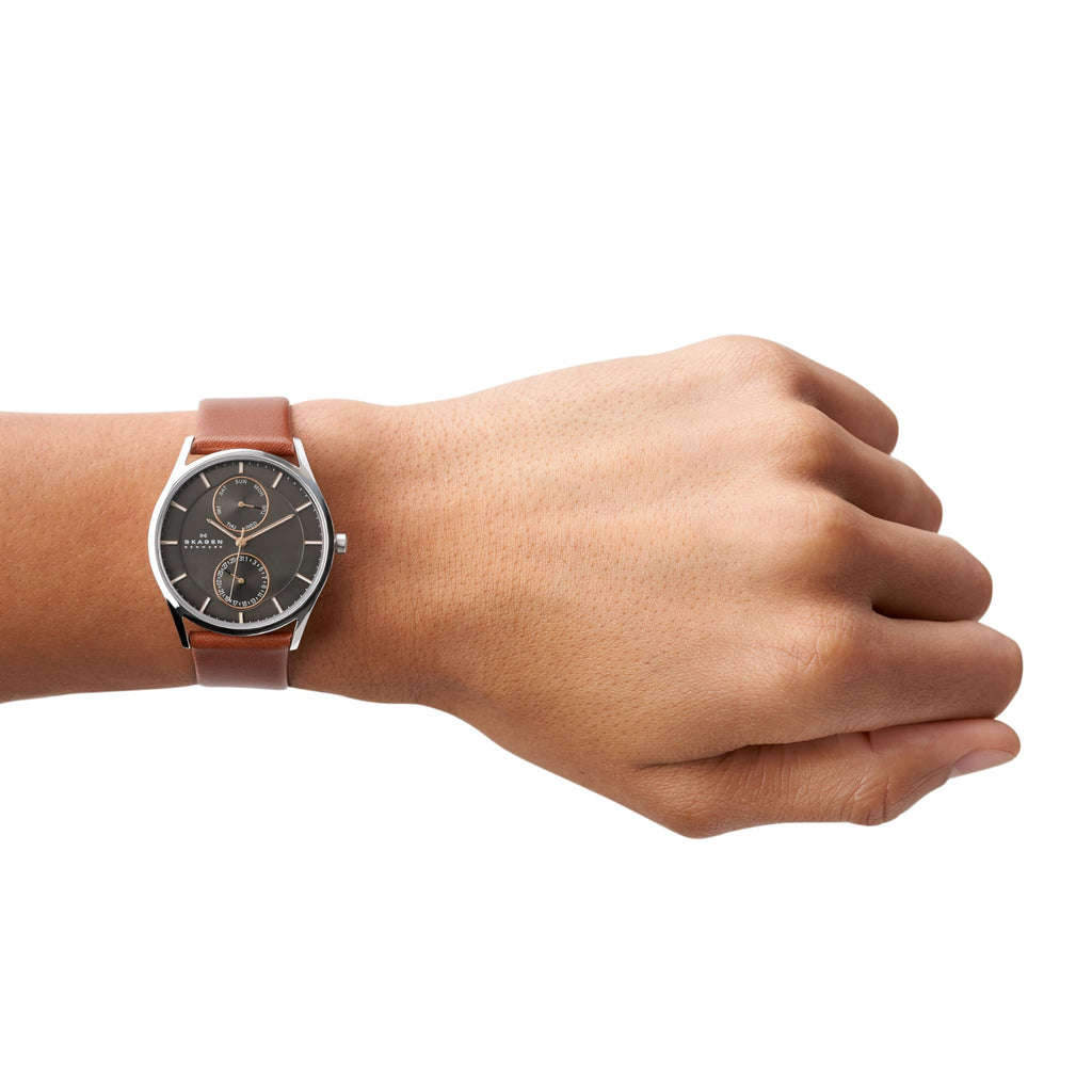 Skagen Men's Holst Multifunction Silver Stainless Steel and Brown Leather Band Watch (Model: SKW6086)