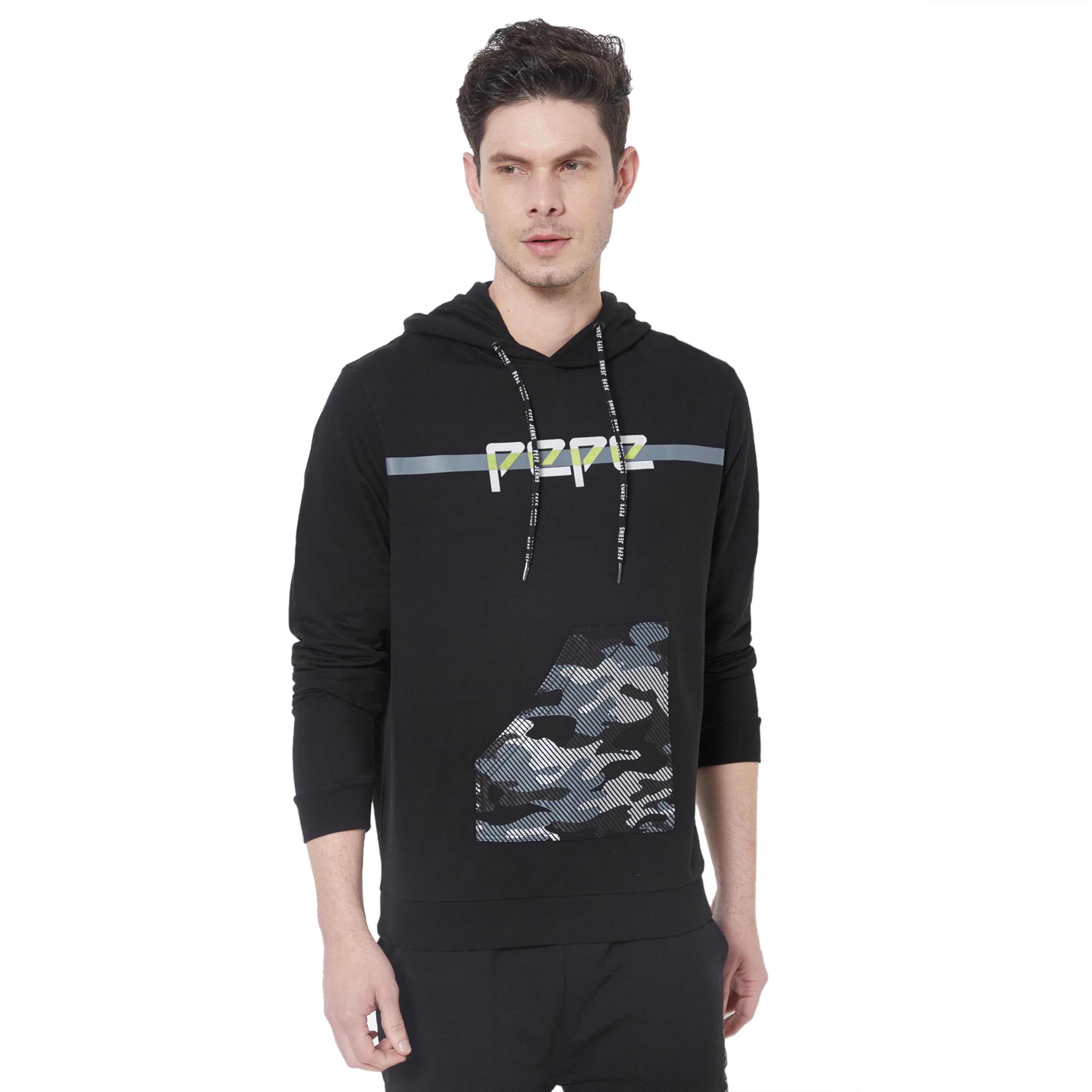Pepe Jeans Mens Sami Placement Printed Hoodie Sweatshirt, Black,M