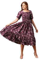 Kuduzo WomenS Crepe Maxi Dress With Half Sleeves Square Neck Line Floral Printed Pattern Maxi Length Regular Fit And Flare Purp