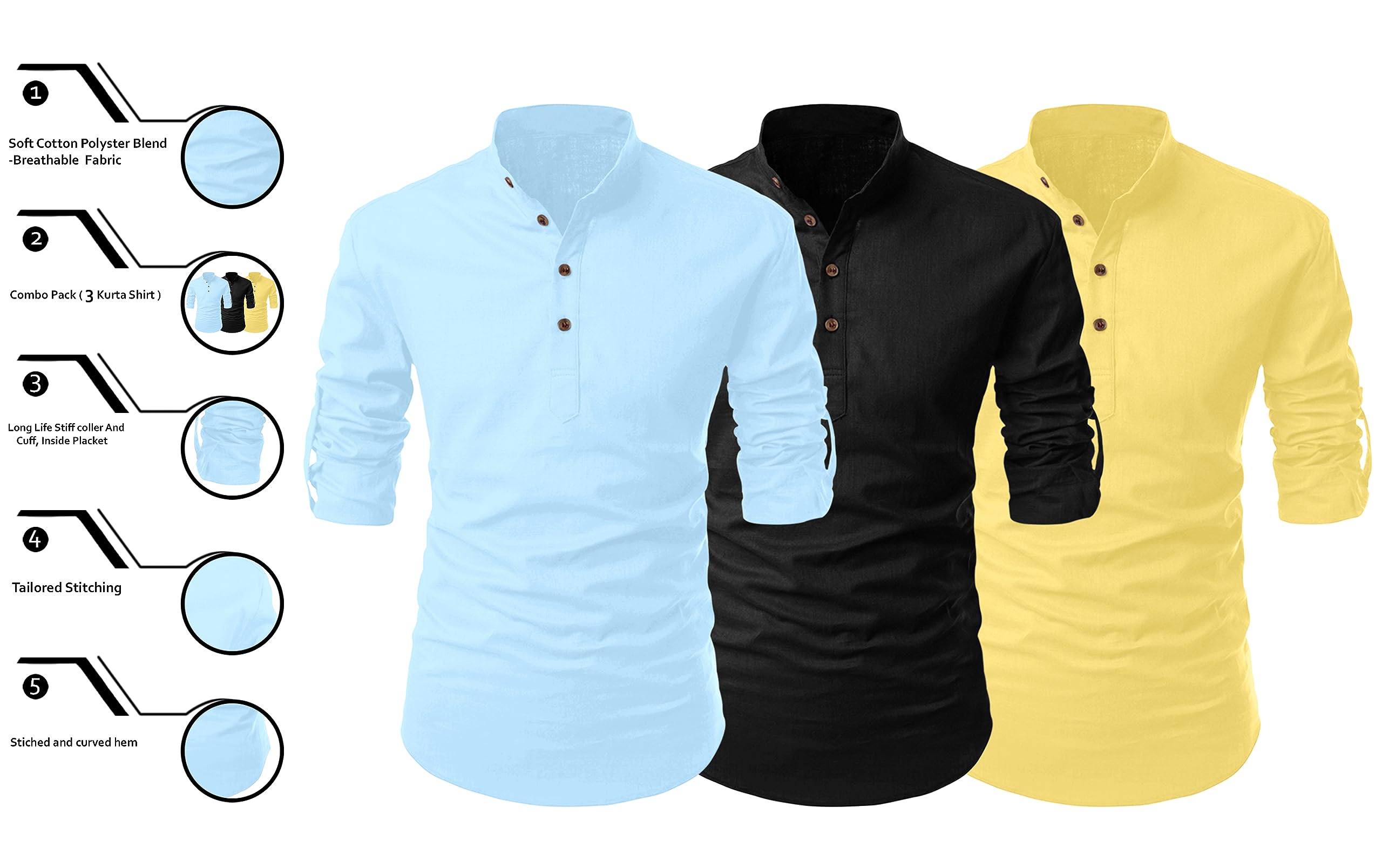 Finivo Fashion Combo Of MenS Cotton Blend Solid Full Sleeve Short Kurta