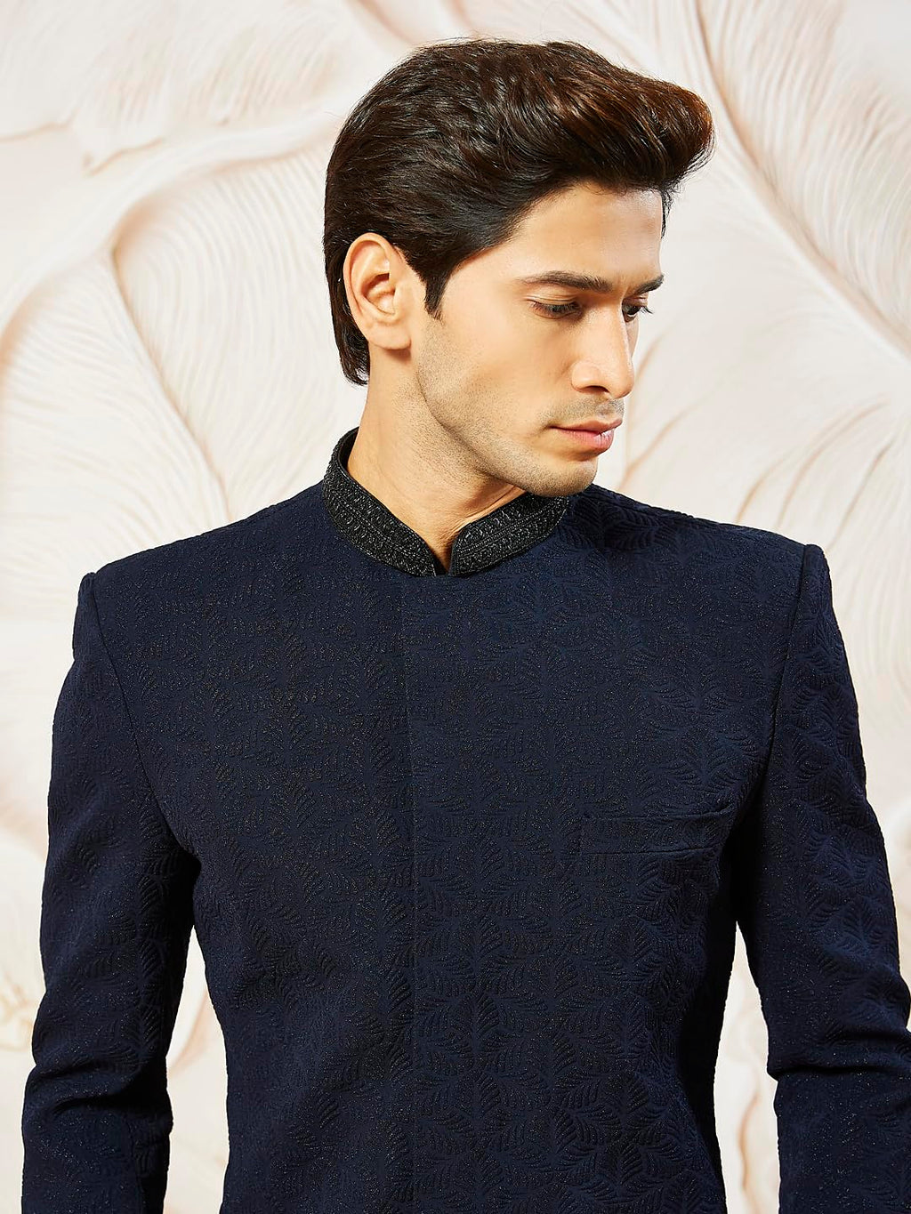 VASTRAMAY Mens Navy Blue Silk Blend Indo Western Top Only, Silk Blend Emboss Fabric Indo Western For Men, Traditional Indian We