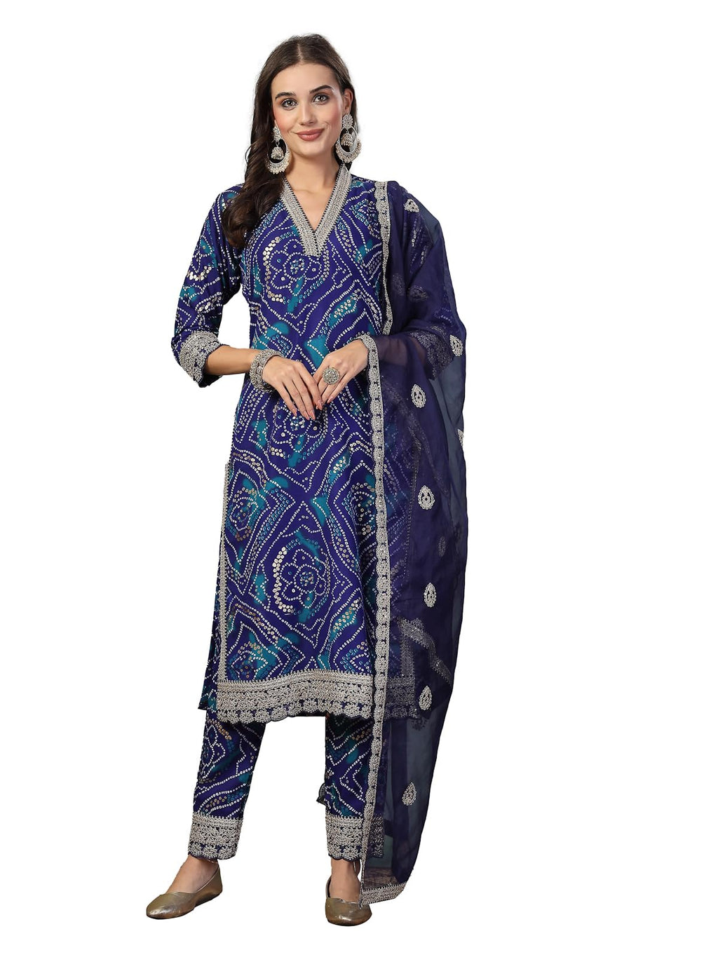 Stylum Womens Bandhani Print & Embroidered Muslin Straight Kurta Pant Dupatta Set (KPDBLUEBANNO36_Blue, S)