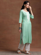 Libas WomenS Rayon Blend Yoke Design Straight Kurta (26809_Green
