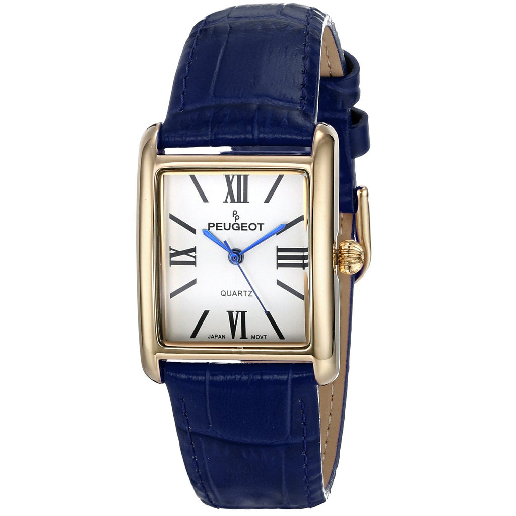 Peugeot Women's 14K Gold Plated Tank Leather Dress Watch with Roman Numerals Dial, Blue