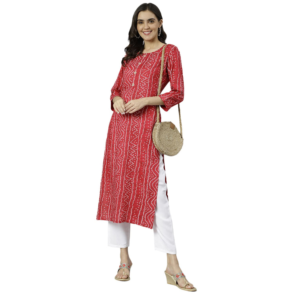 ANNI DESIGNER Womens Cotton Blend Straight Printed Kurta (Bandhani AMD Red_S_Red_Small)