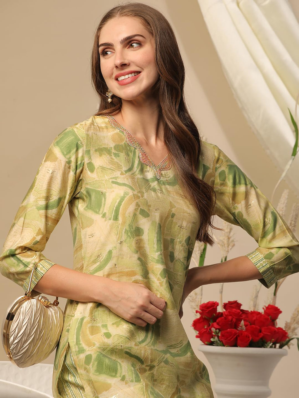 ANNI DESIGNER Ladies Cotton Blend Kurta with Trousers, green, M