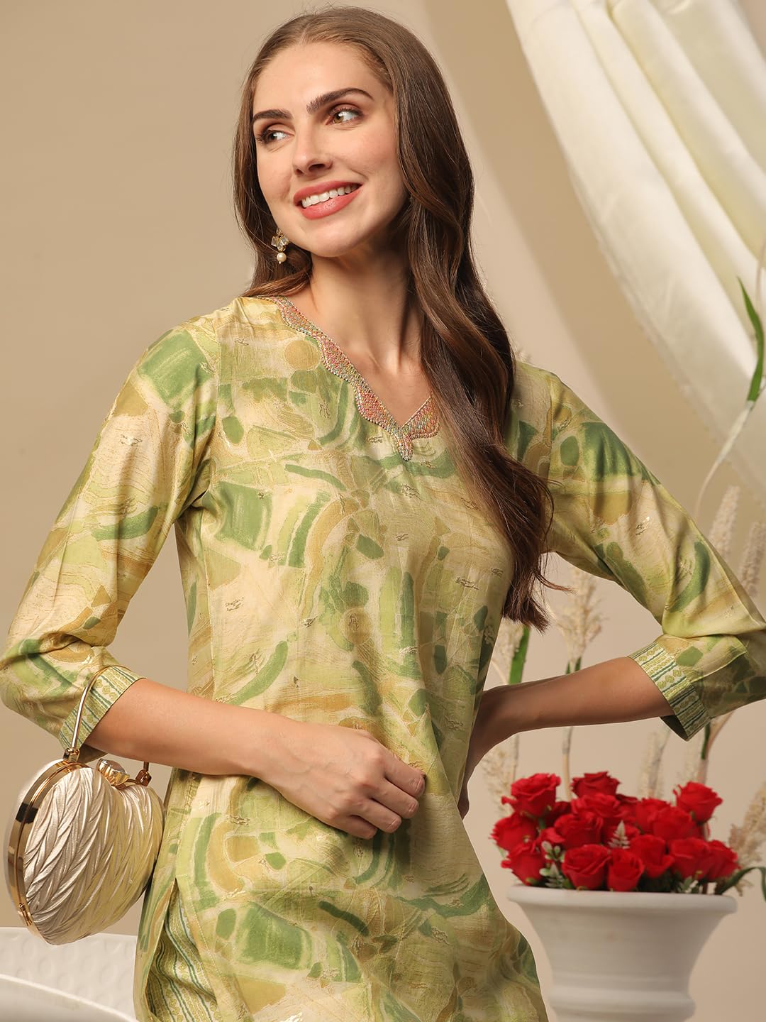 ANNI DESIGNER Ladies Cotton Blend Kurta with Trousers, green, M