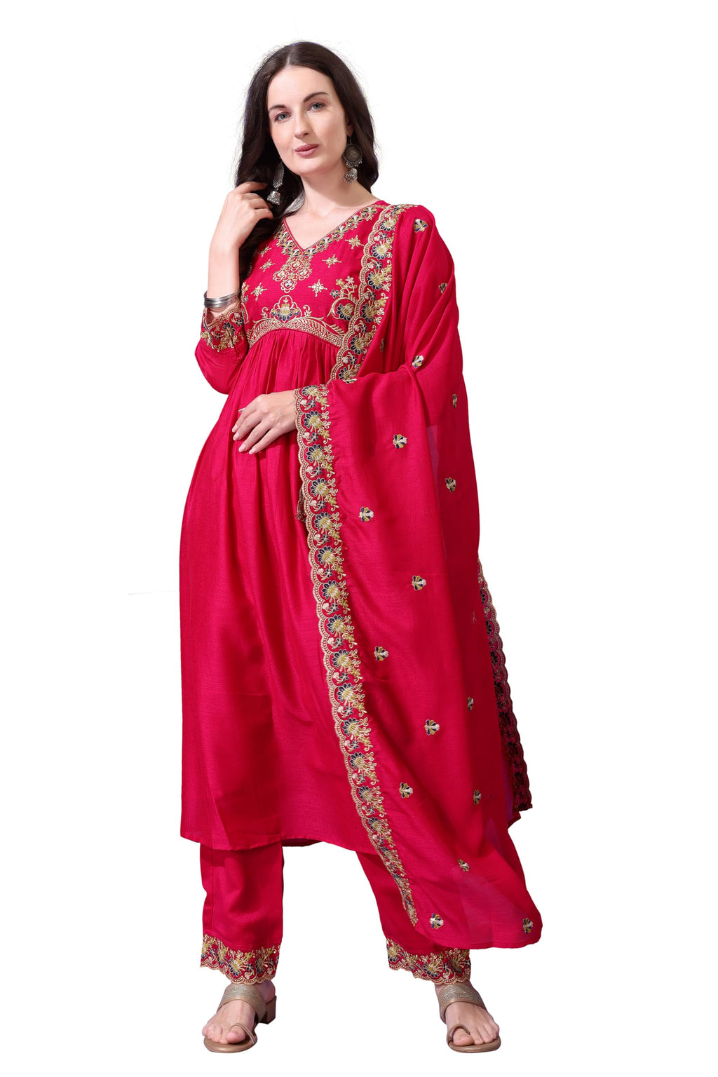 Pratham Blue WomenS Silk Embroidered Anarkali Kurta Palazzos With Dupatta |Kurta Set For Women |Women Kurta |Women Embroidered 