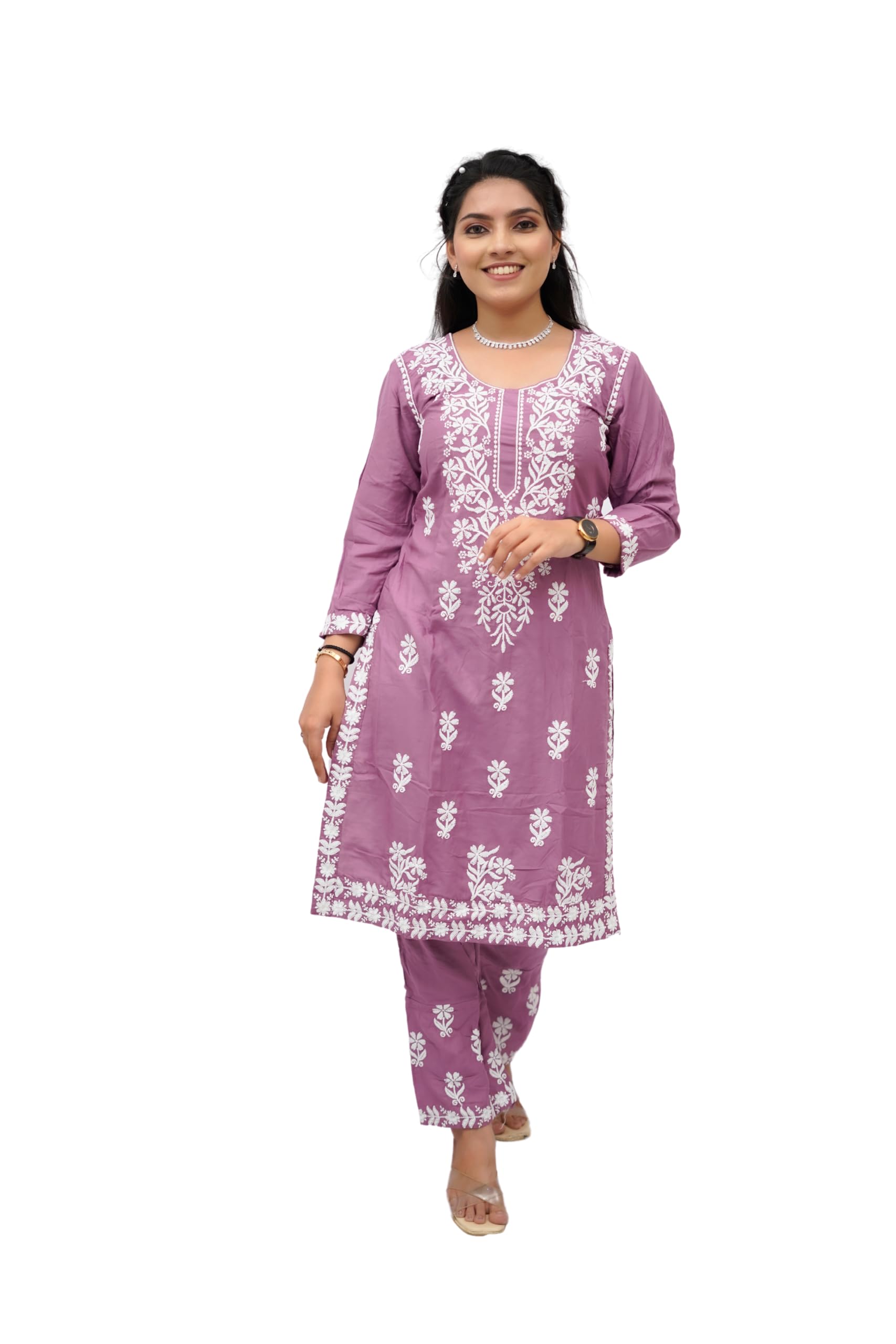 BHARVITA Women Embroidered Cotton Blend Lucknowi Chikankar Kurti Pant (2XL, Peach)