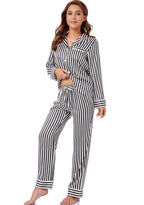 Serenedelicacy Women's Satin Pajama Set Long Sleeve Button Down Sleepwear 2-Piece Striped Silky Pj Set (Large, Black/Vanilla, St