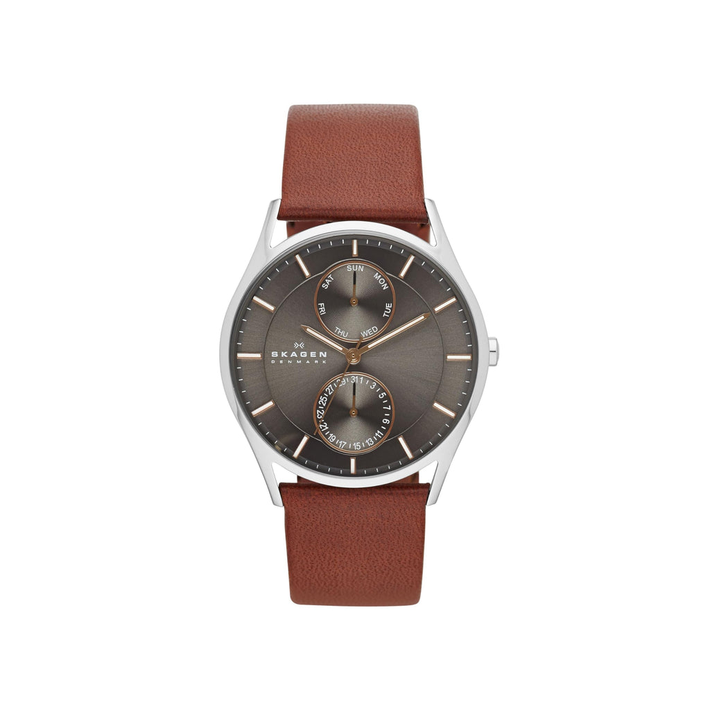 Skagen Men's Holst Multifunction Silver Stainless Steel and Brown Leather Band Watch (Model: SKW6086)