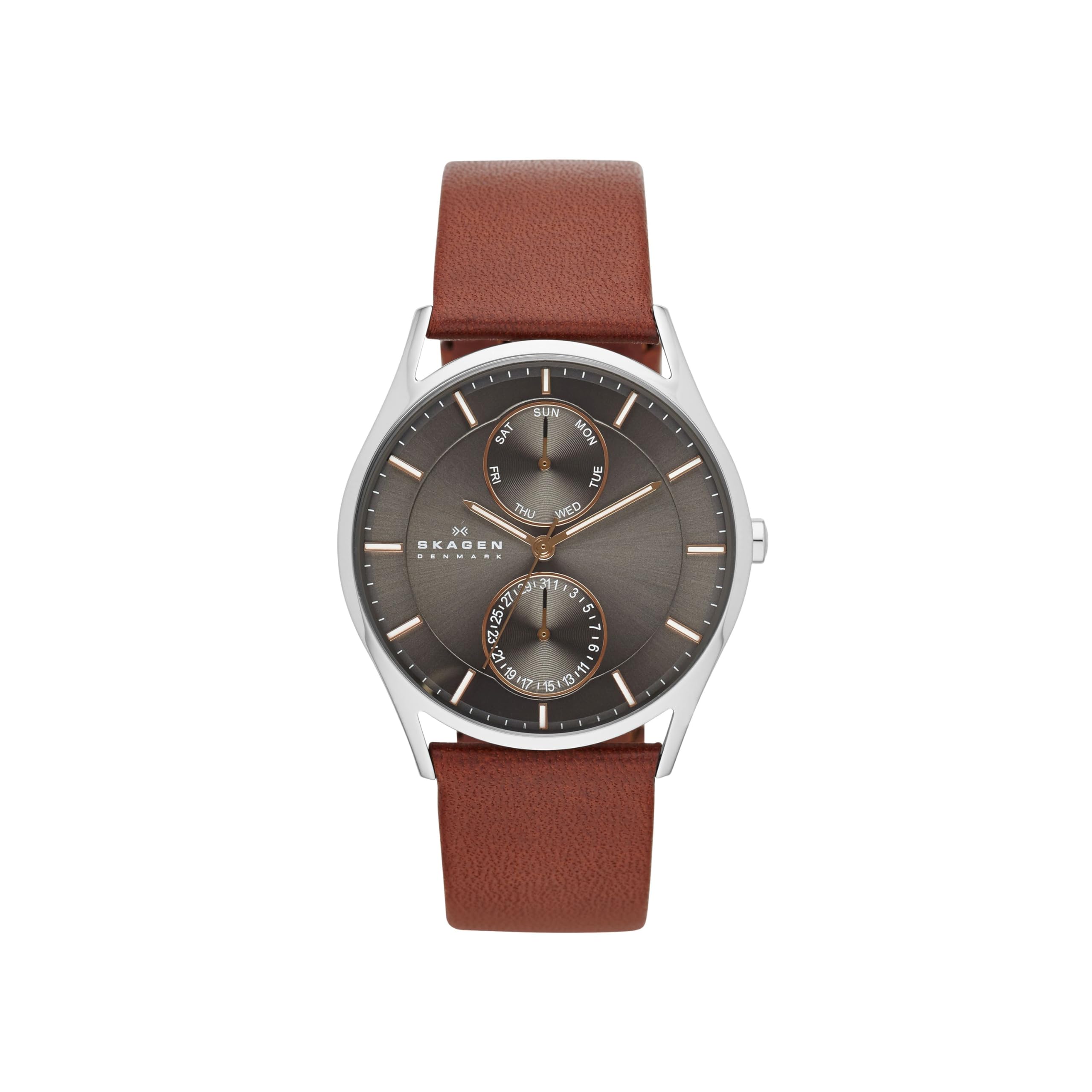 Skagen Men's Holst Multifunction Silver Stainless Steel and Brown Leather Band Watch (Model: SKW6086)