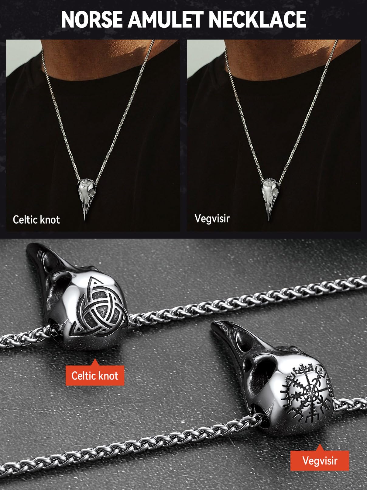 FaithHeart Viking Raven Skull Necklace for Men Stainless Steel Punk Crow Head Pendant Gothic Jewelry Halloween Accessories