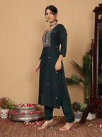 Varanga Women Pure Silk Teal Han Mbroidered Kurta With Bottom And Dupatta