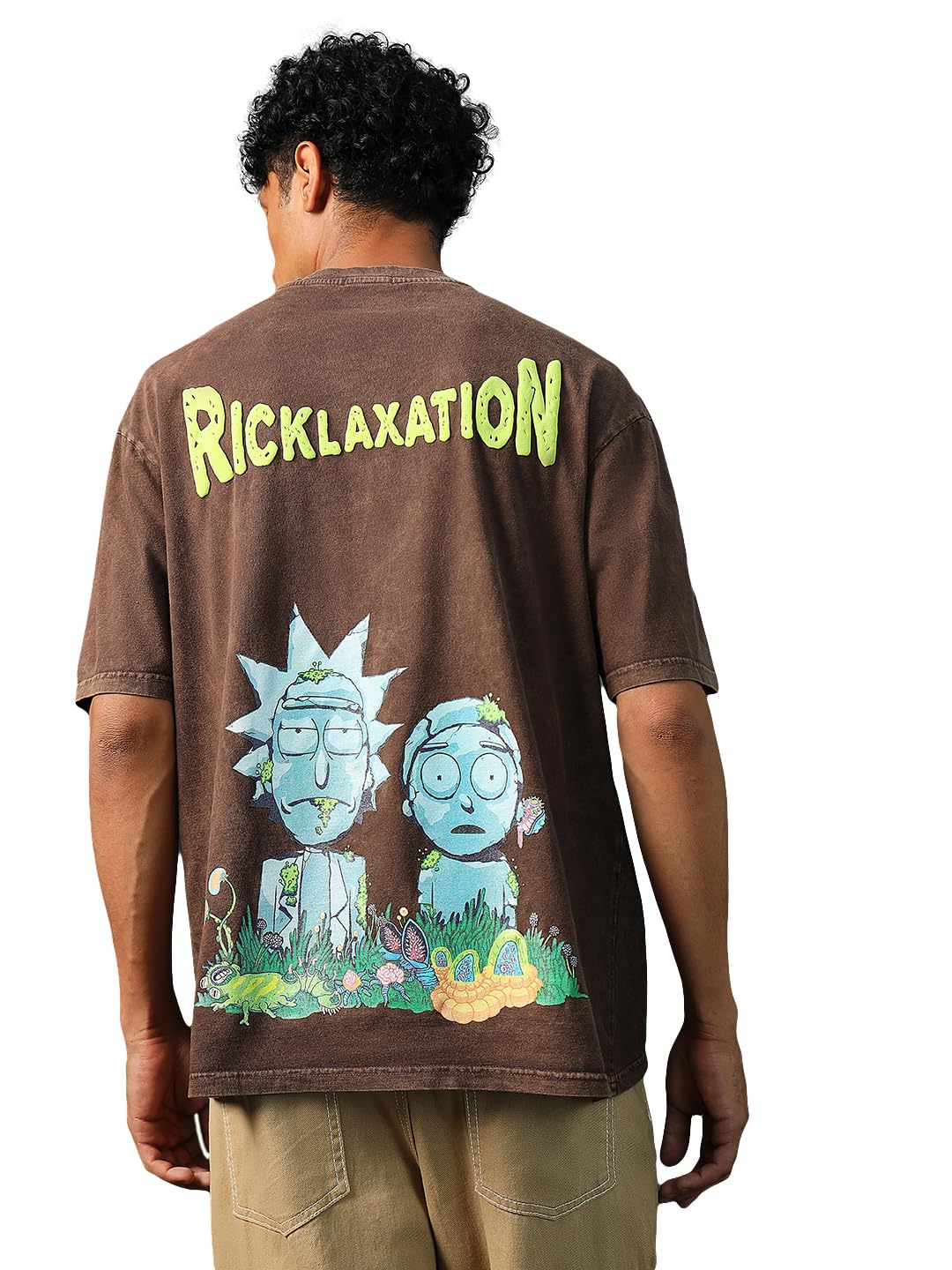 Bewakoof X Official Rick and Morty Merchandise Mens Stoned Rick & Morty Graphic Printed 100% Cotton T-Shirt - Oversized Fit, Ro