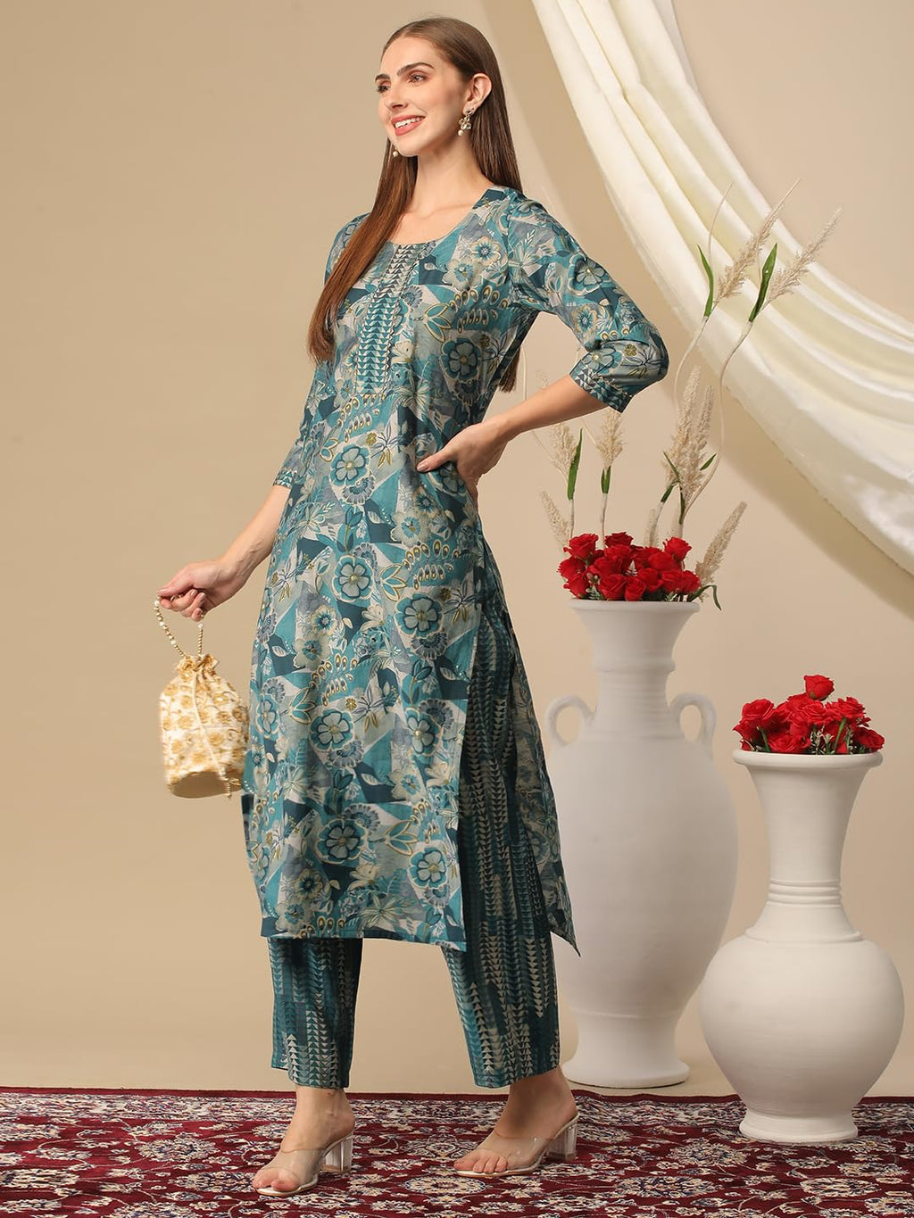ANNI DESIGNER Ladies Cotton Blend Kurta with Trousers, Light Brown::Blue, M