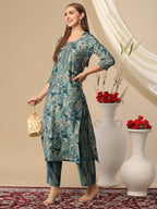 ANNI DESIGNER Ladies Cotton Blend Kurta with Trousers, Light Brown::Blue, M