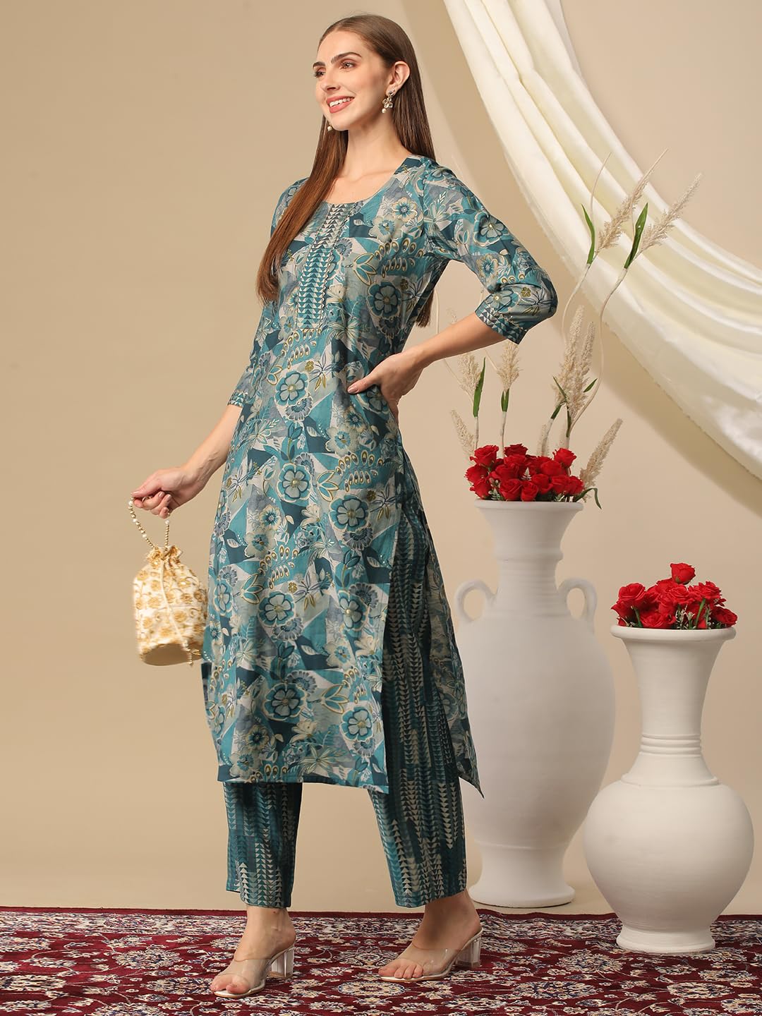ANNI DESIGNER Ladies Cotton Blend Kurta with Trousers, Light Brown::Blue, M