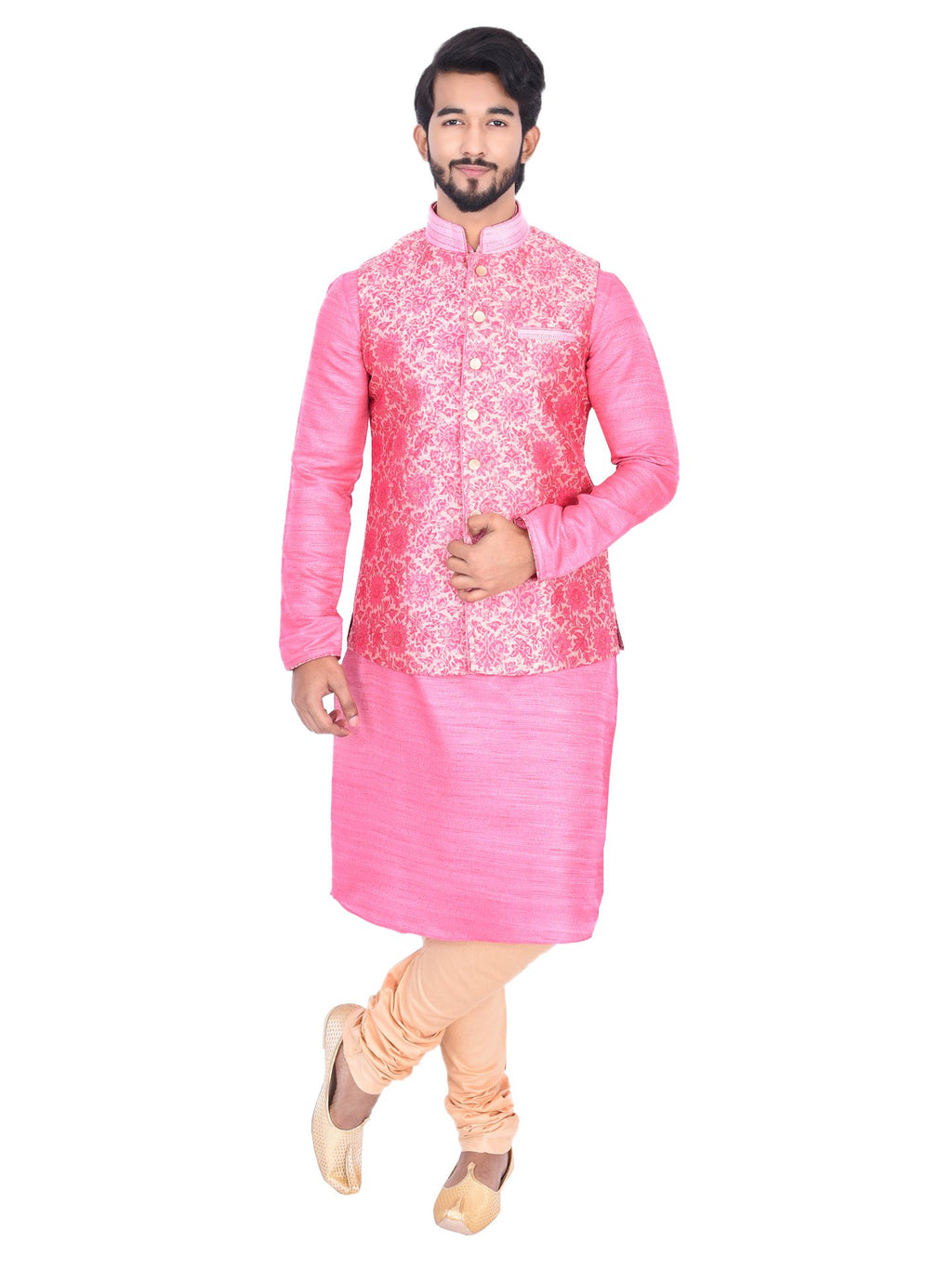 Manyavar MenS Silk Kurta Pyjama With Waist Coat (Jast068_Pink_L)