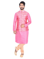 Manyavar MenS Silk Kurta Pyjama With Waist Coat (Jast068_Pink_L)
