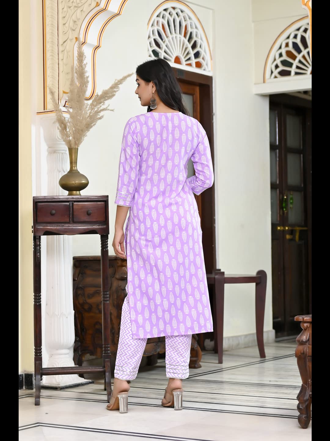 ANNI DESIGNER Womens Cotton Blend Straight Printed Kurta with Pant & Dupatta (Baiyaan Purple-CMD_L_Purple_Large)