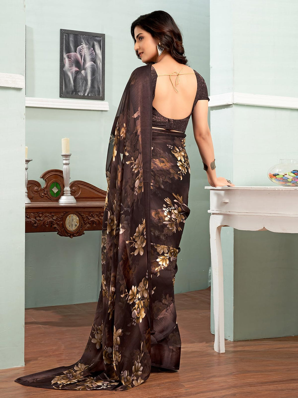 Satrani Womens Georgette Floral Printed Satin Stripe Saree with Unstitched Blouse Piece