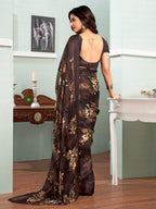 Satrani Womens Georgette Floral Printed Satin Stripe Saree with Unstitched Blouse Piece