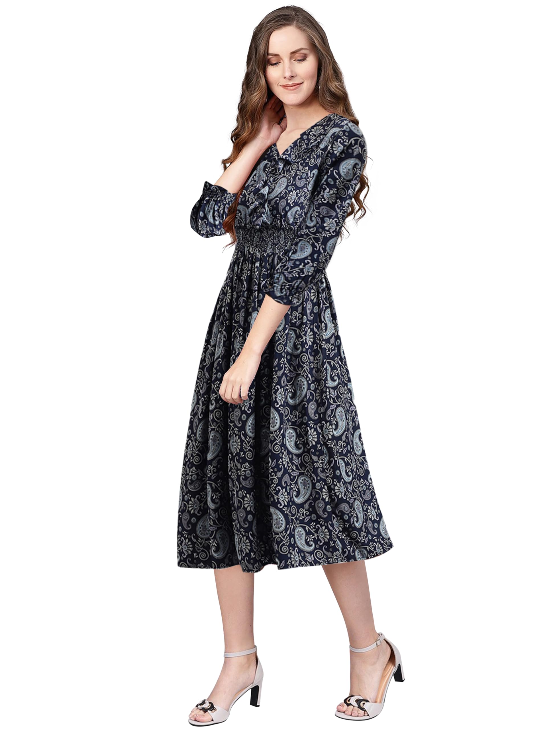 Toochki WomenS Navy Blue Rayon Paisley Print Fit & Flared Western Dress | Dress For Women | A Line Dress | Winter Dress | Weste