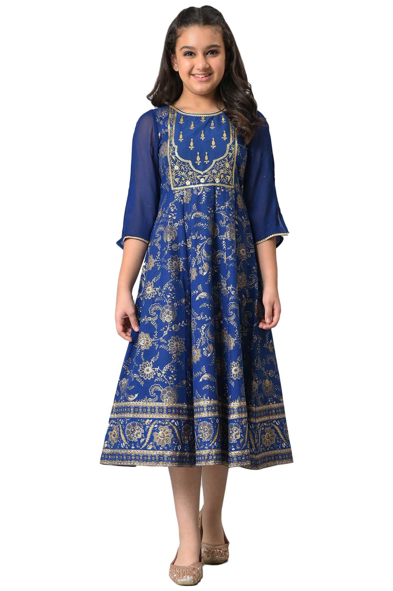 Aurelia Girls Bright Blue Cotton Floral Printed Flared Dress_22AUG10292C-506187_14-15