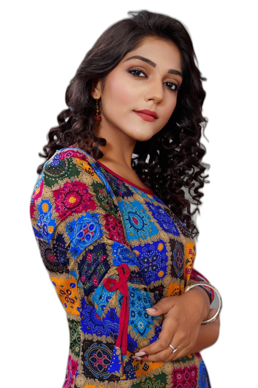 Pujia Mills Women'S Round Neck 3/4 Sleeve Rayon Bandhni Print Straight Regular Kurti Royal Blue
