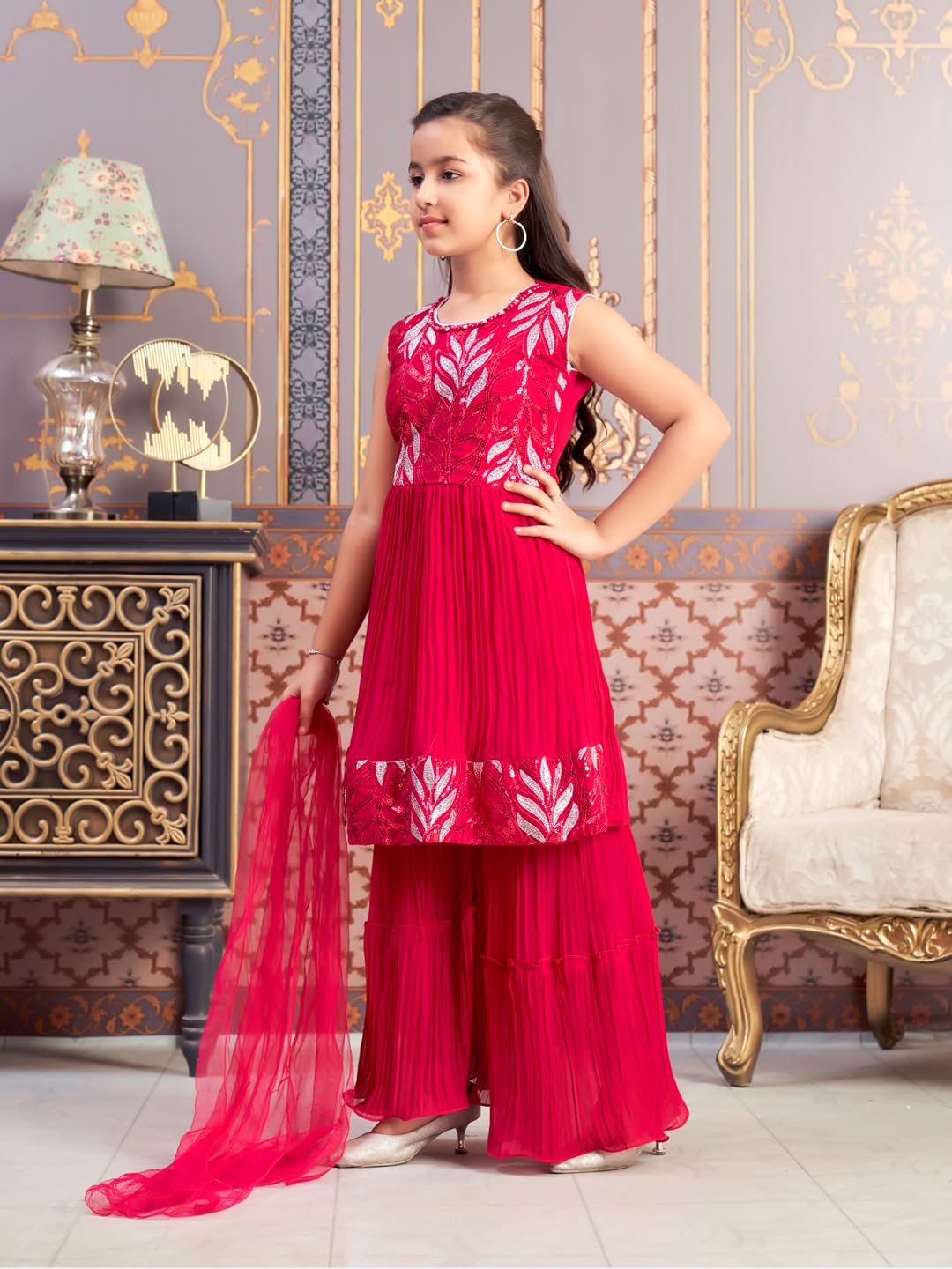 Aarika Girls Ethnic Wear Rani Colour Sequin Thread Embroidery Georgette Kurti Sharara Set (4-15 Years)